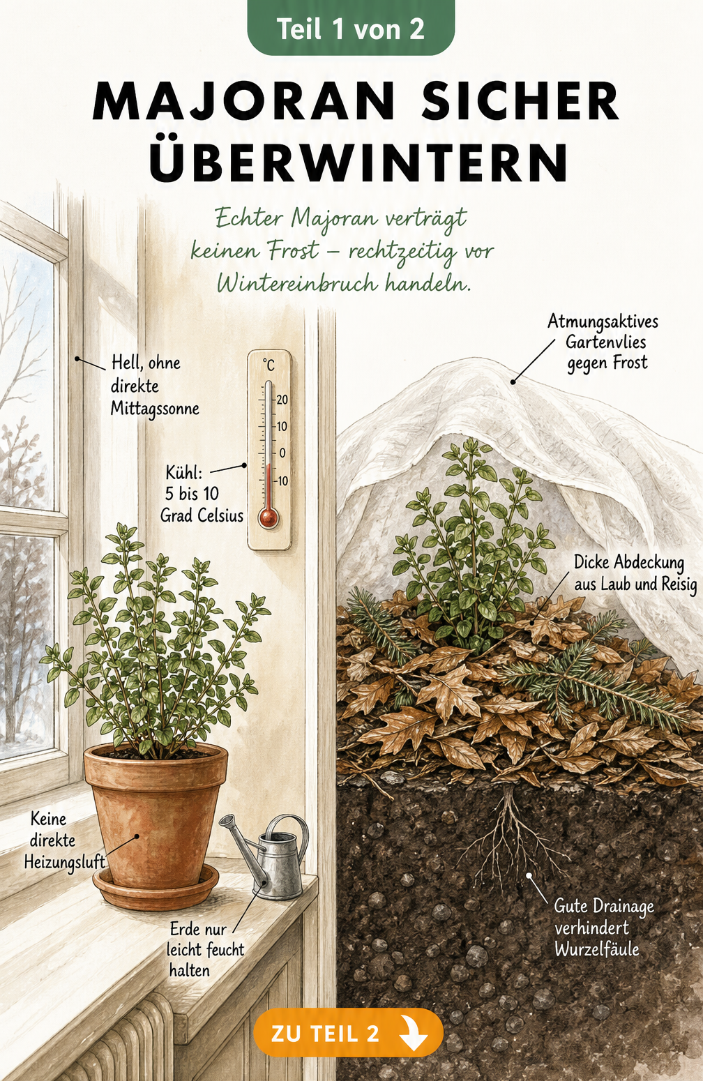 Illustration zur Überwinterung von Majoran im Haus und im Gartenbeet mit Tipps zu Temperatur und Pflege