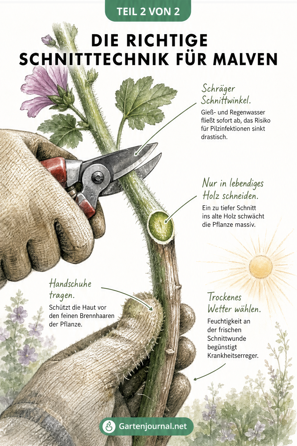 Makro-Ansicht eines Malvenstängels, der mit einer Gartenschere schräg angeschnitten wird. Hinweise zu Schnittwinkel, lebendigem Holz und Handschuhen.