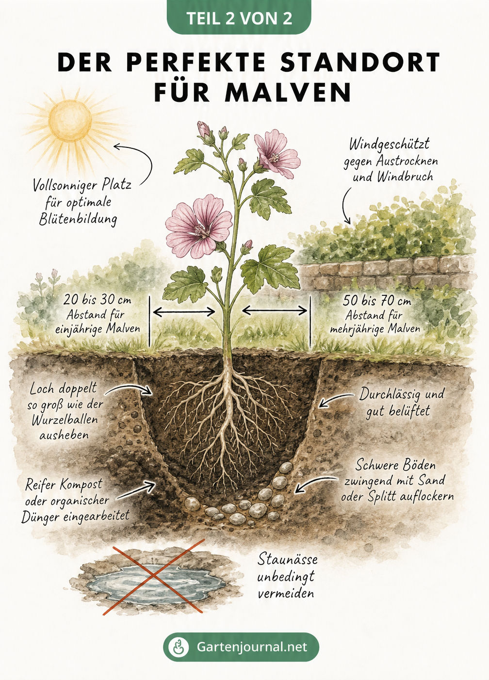 Querschnitt eines Gartenbeets mit einer Malvenpflanze, der den optimalen Standort und die Bodenbeschaffenheit zeigt