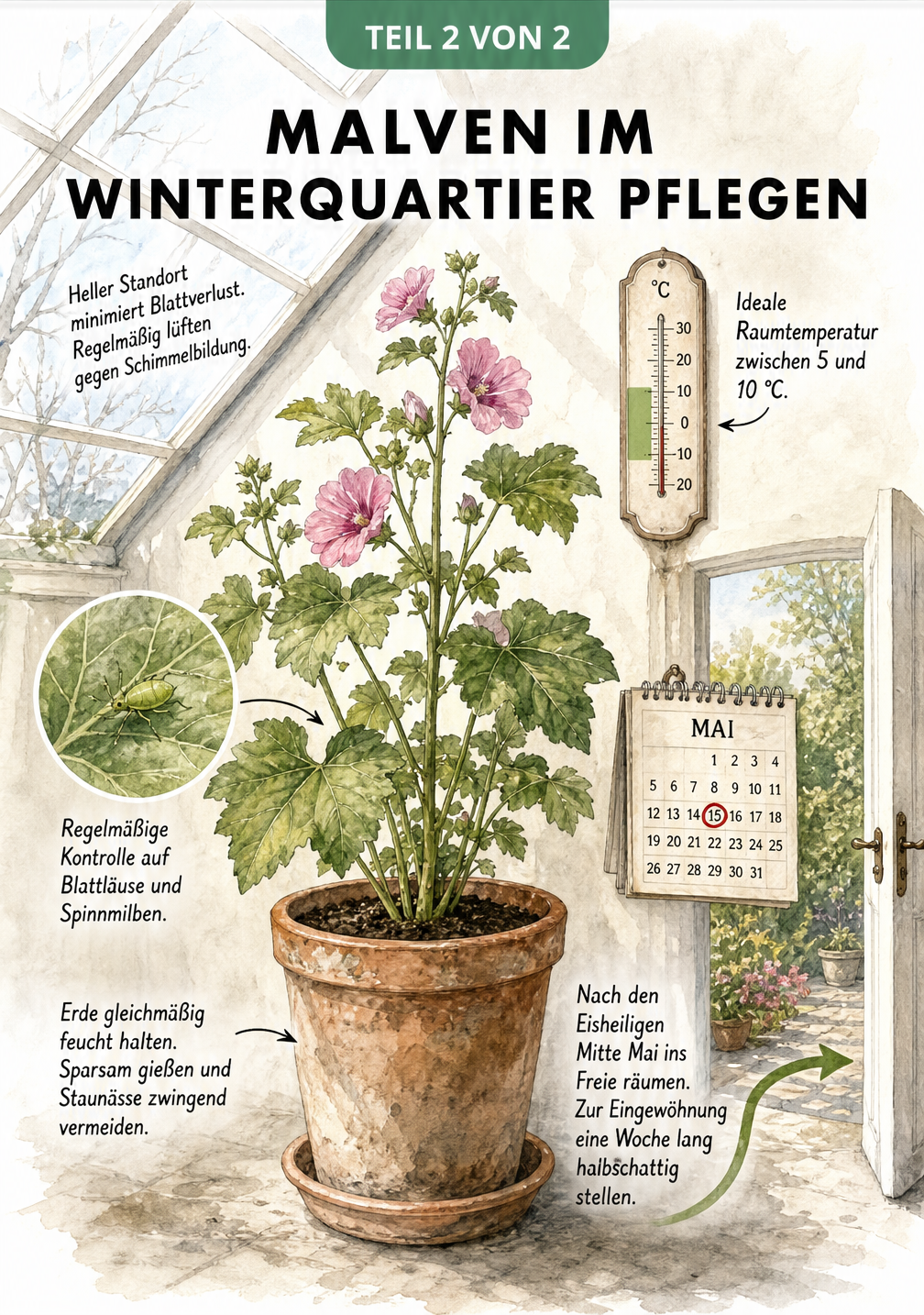 Querschnitt eines Wintergartens mit einer Schönmalve im Topf, Thermometer und Hinweisen zu Licht, Wasser und Schädlingskontrolle