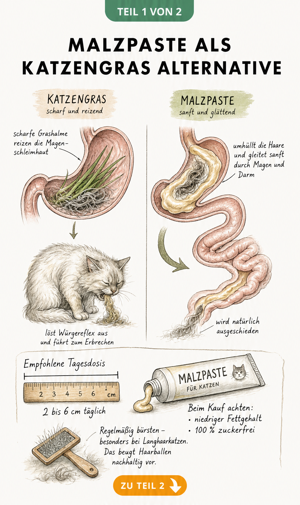 Illustration der Wirkungsweise von Malzpaste im Vergleich zu Katzengras bei Katzen