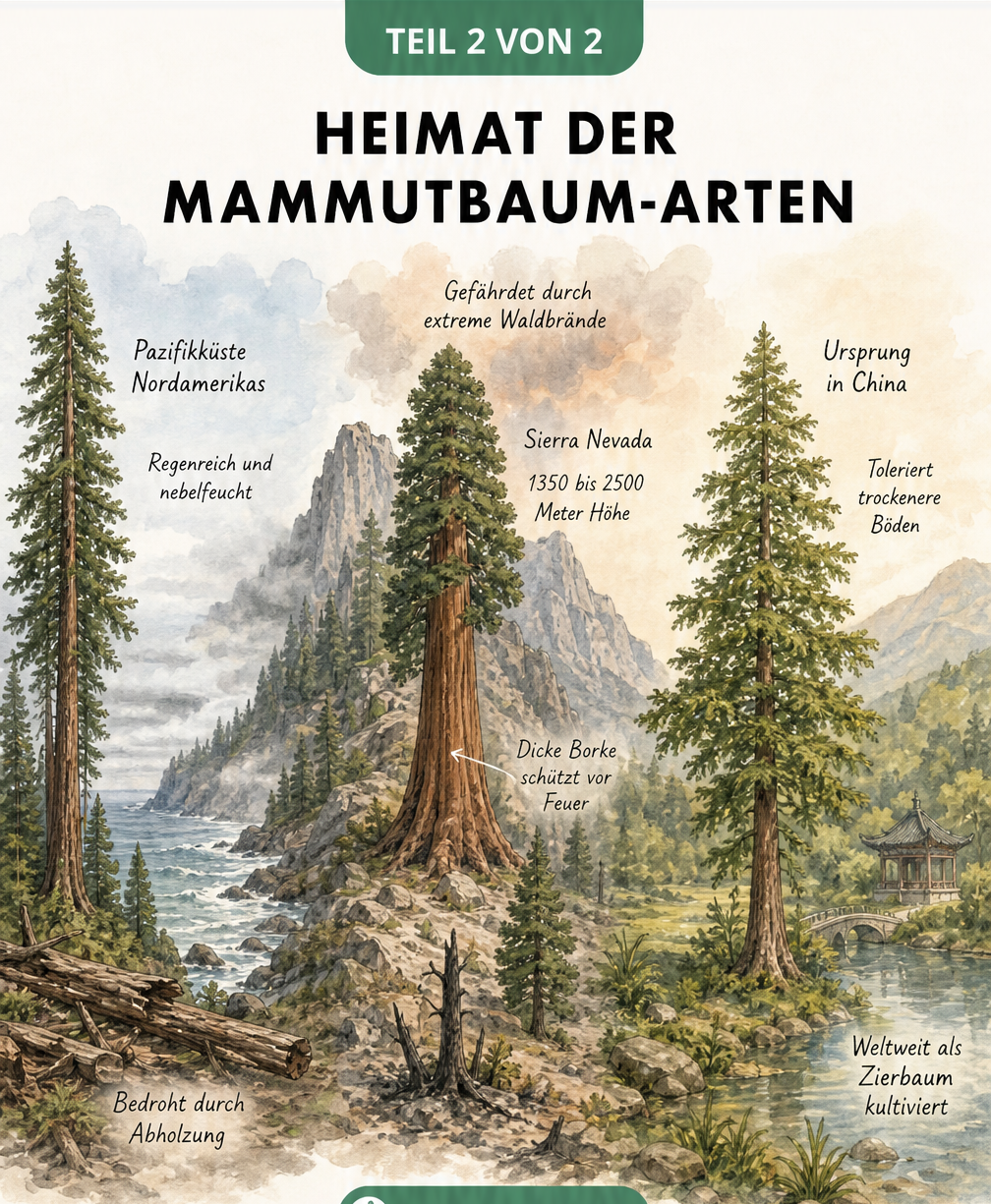 Aquarell-Landschaft, die die natürlichen Lebensräume der drei Mammutbaum-Arten zeigt: Pazifikküste, Sierra Nevada und ein Tal in China.