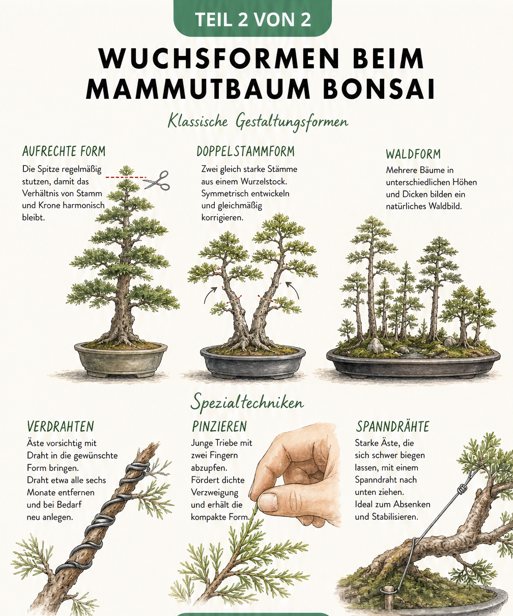 Skizzenbuch-Illustration der Wuchsformen und Schnitttechniken beim Mammutbaum Bonsai
