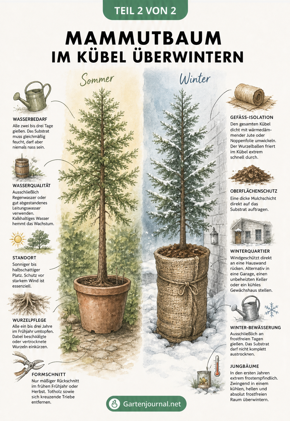 Zweigeteilte Illustration eines Mammutbaums im Kübel, die links die Sommerpflege mit Gießen und rechts den Winterschutz mit Jute und Mulch zeigt.