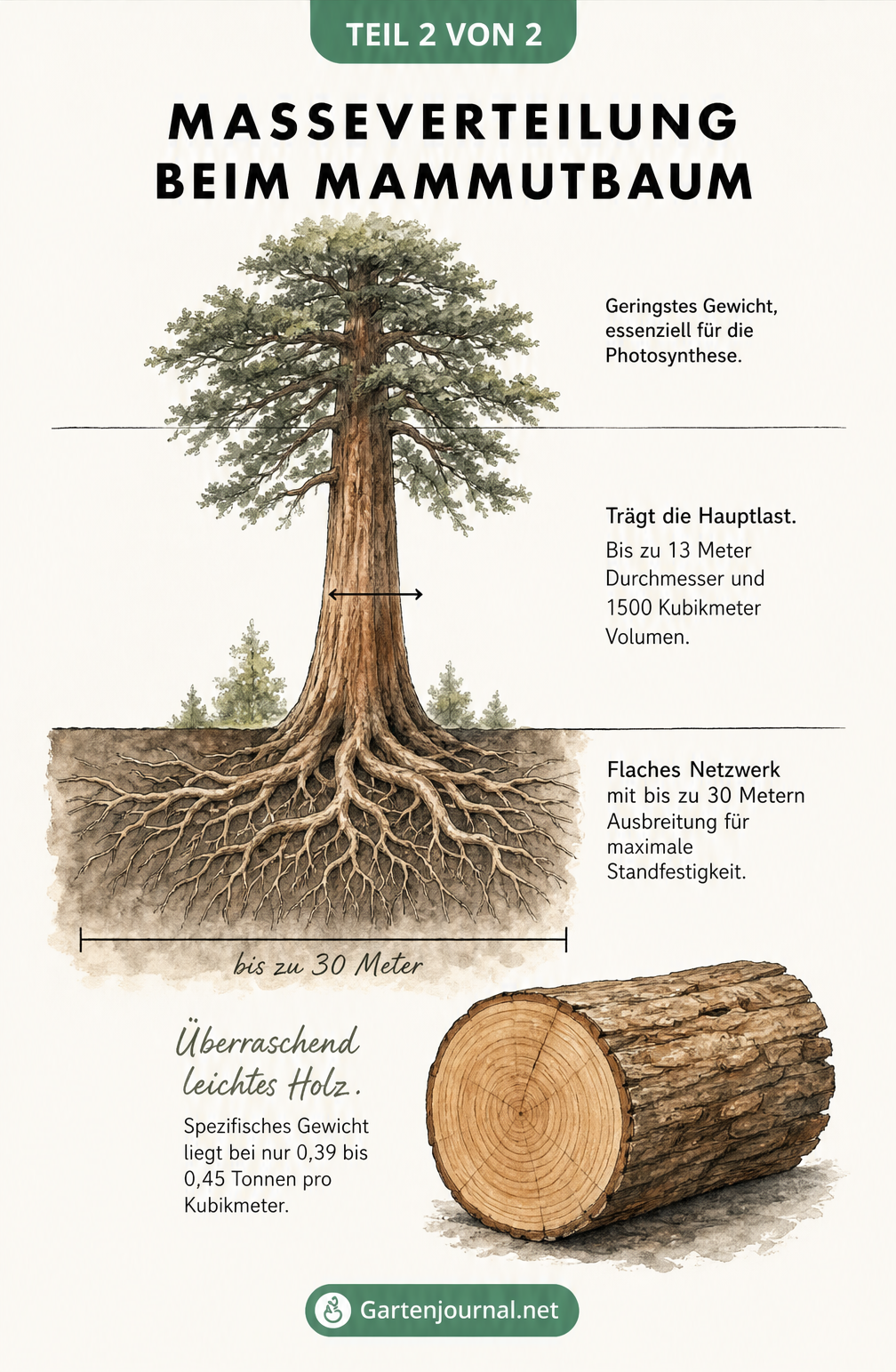 Botanische Lehrtafel zur Masseverteilung eines Mammutbaums mit Krone, Stamm, Wurzeln und Holzscheit