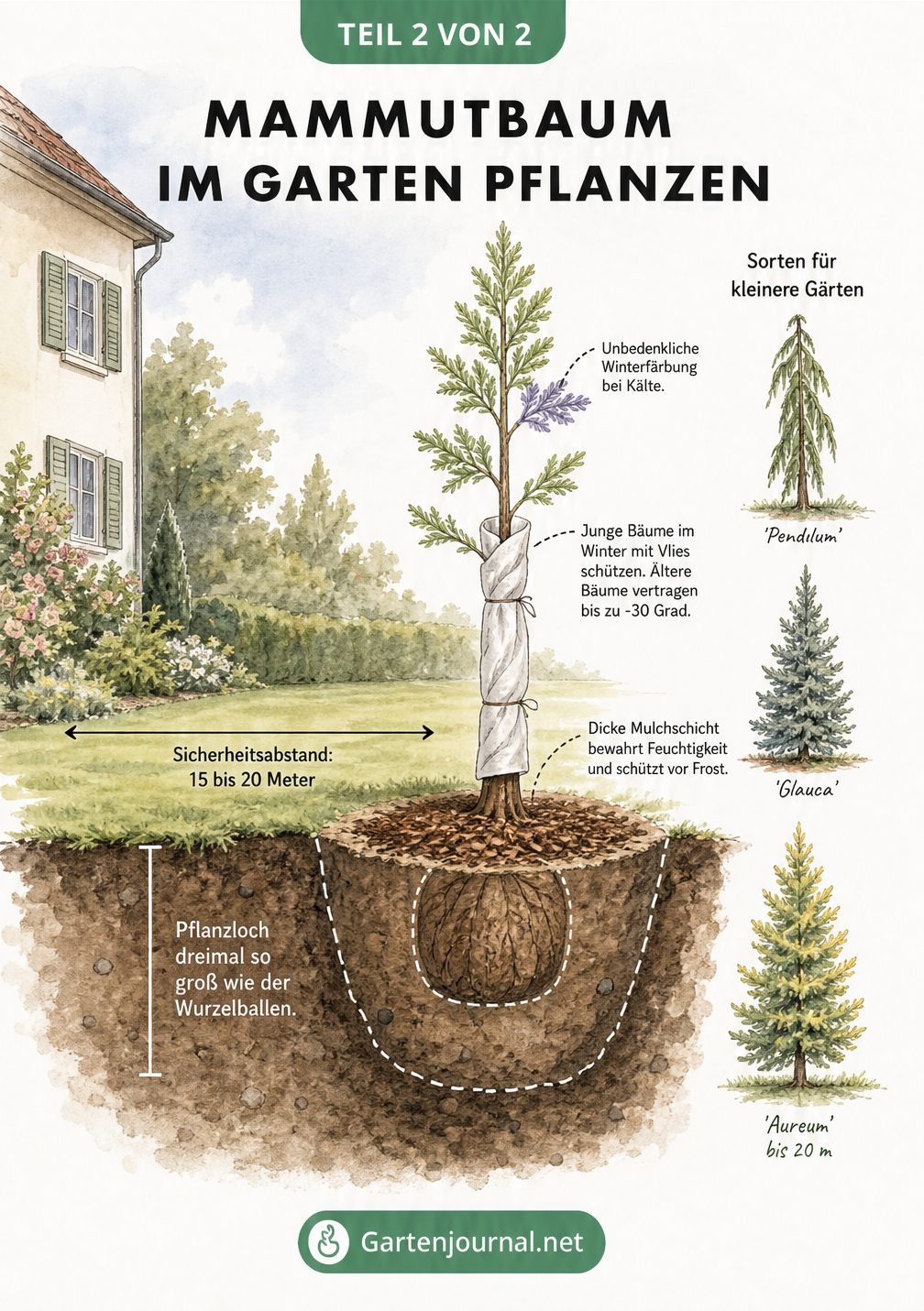 Aquarellierte Gartenszene, die das Pflanzen eines jungen Mammutbaums mit Pflanzloch, Mulch und Winterschutz zeigt