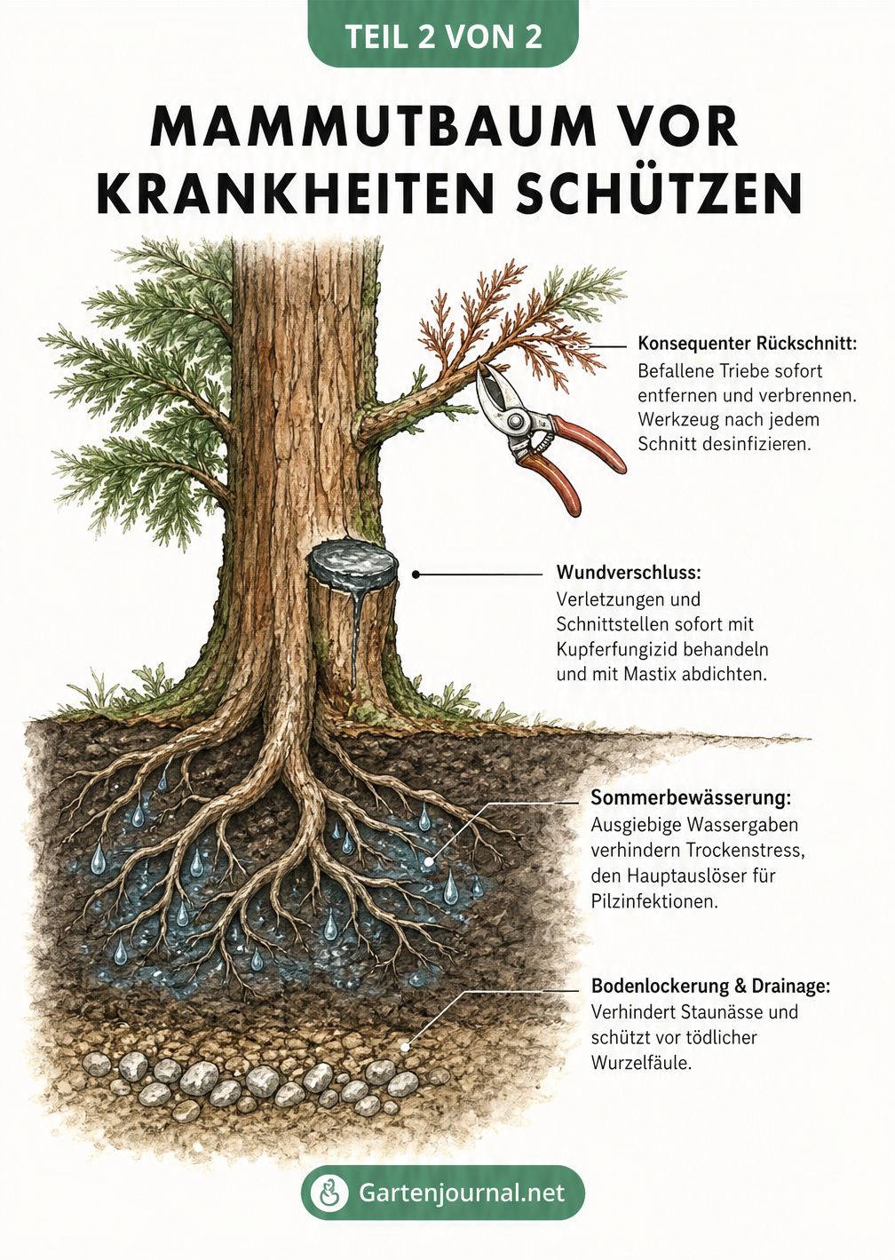 Querschnitt eines Mammutbaums mit Wurzelwerk und Stamm, der Pflegemaßnahmen wie Sommerbewässerung, Bodenlockerung, Wundverschluss und Rückschnitt zeigt.