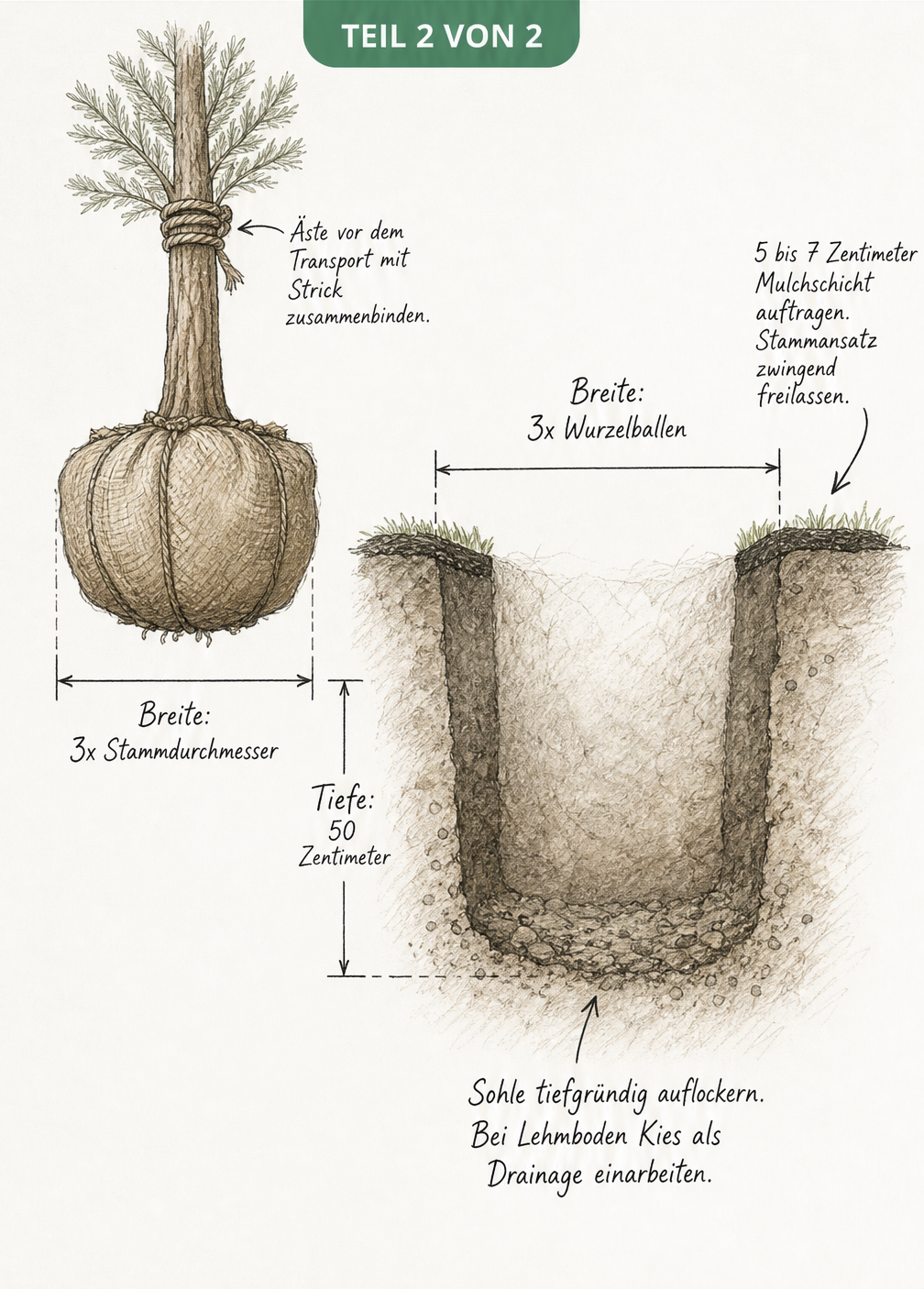 Skizze der Maße für das Umpflanzen eines Mammutbaums, die Wurzelballen, Pflanzloch und Drainage zeigt.