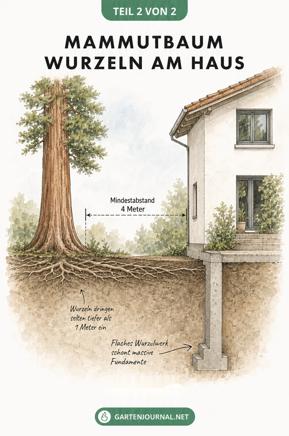 Isometrische Darstellung eines Mammutbaums neben einem Haus mit flachem Wurzelwerk