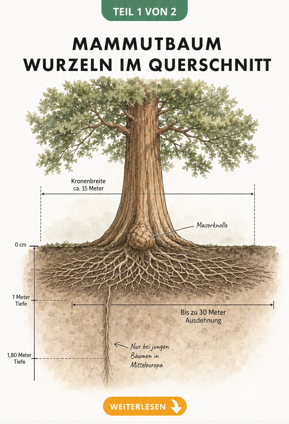 Querschnitt-Illustration eines Mammutbaums im Erdreich mit Herzwurzel-System und Maserknolle