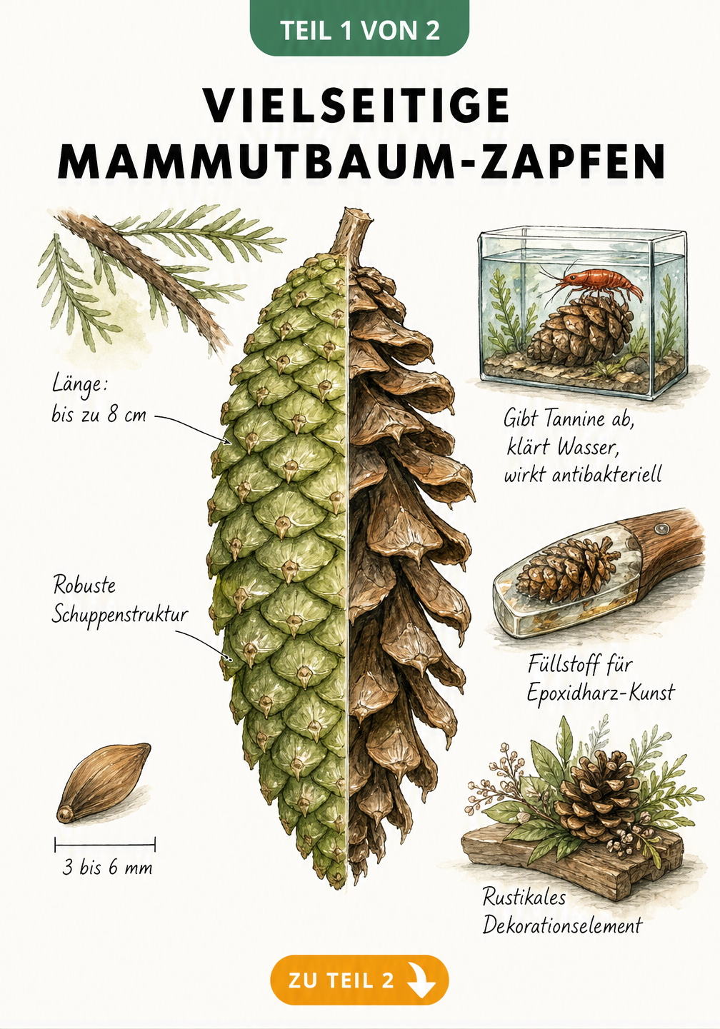 Botanische Illustration eines Mammutbaum-Zapfens mit Details zu Größe, Samen und Anwendungsbereichen wie Aquaristik, Epoxidharz und Dekoration
