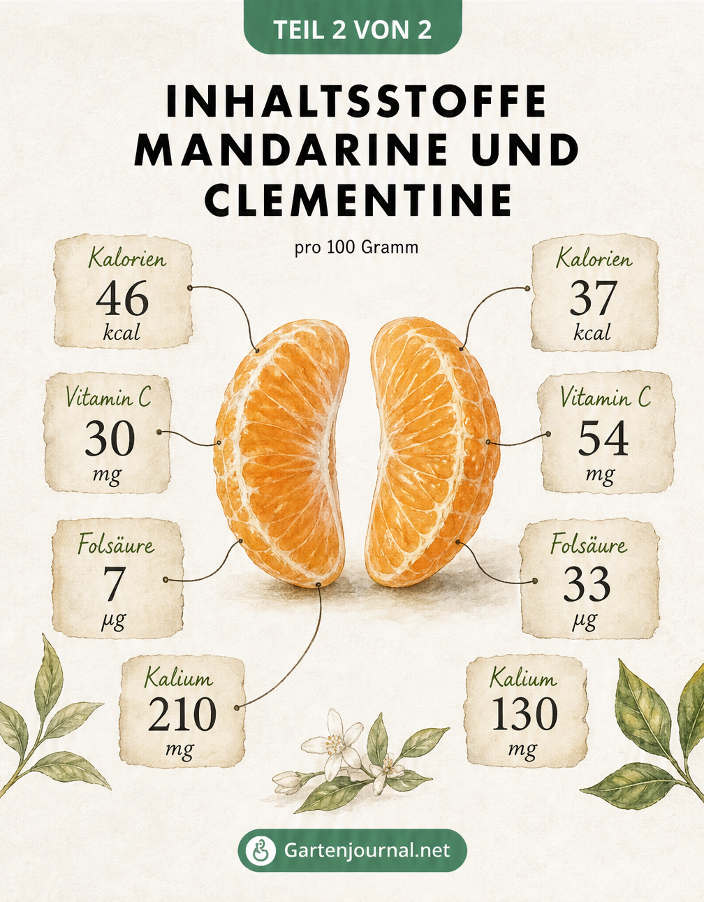 Vergleich der Inhaltsstoffe von Mandarine und Clementine: Kalorien, Vitamin C, Folsäure und Kalium