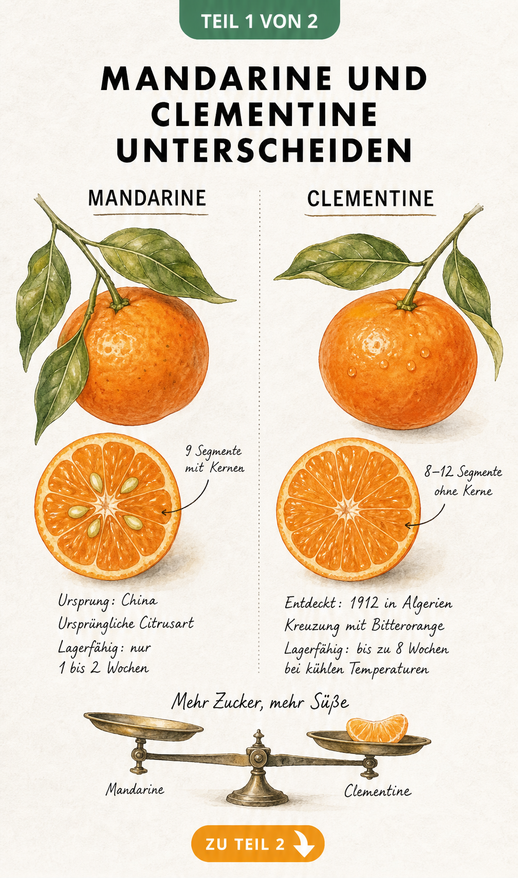Botanische Illustration von Mandarine und Clementine mit Herkunft, Haltbarkeit und Fruchtsegmenten