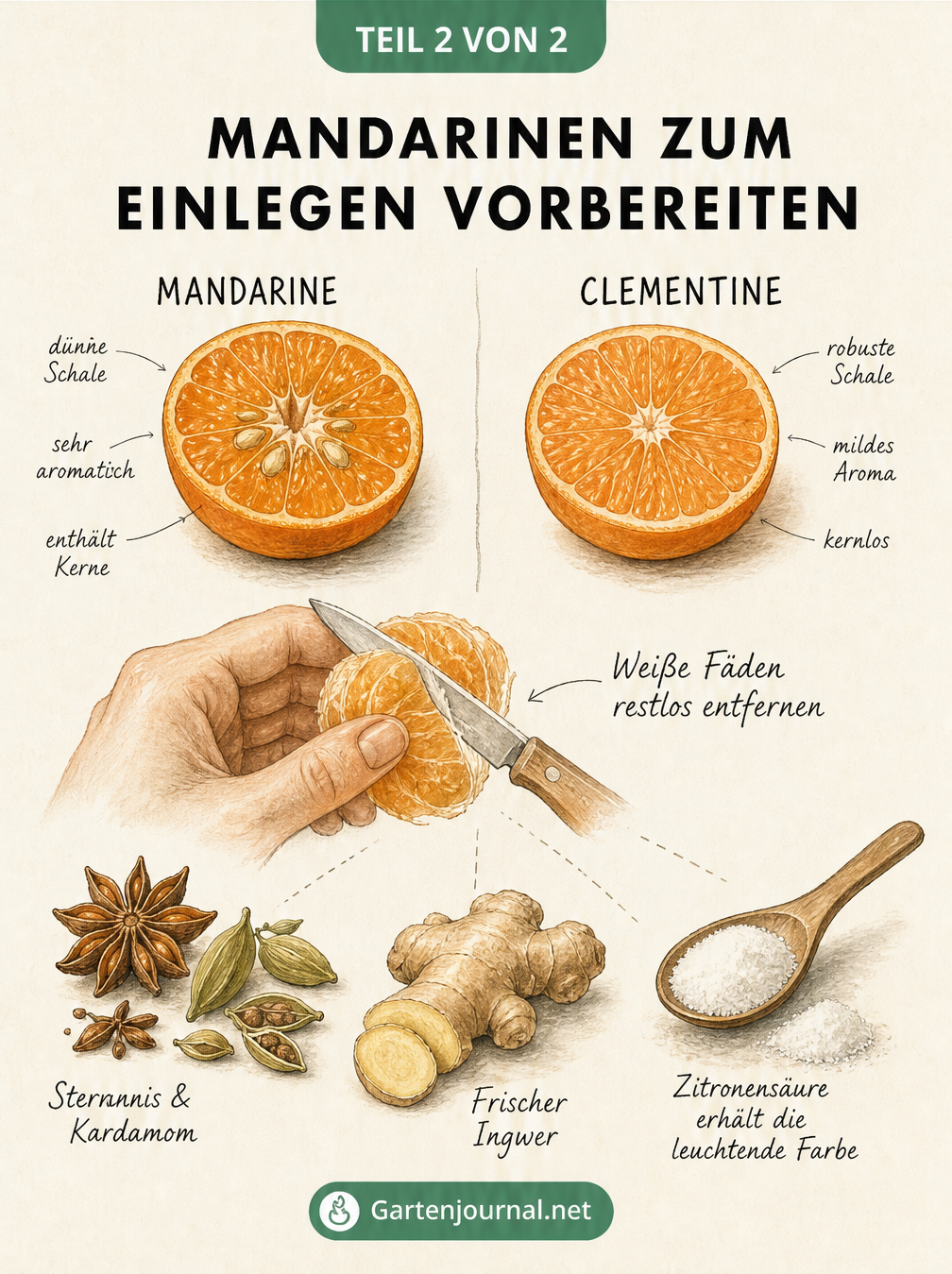 Vergleich von Mandarine und Clementine mit ihren Eigenschaften sowie eine Darstellung von Gewürzen wie Sternanis, Kardamom und Ingwer zum Einlegen.