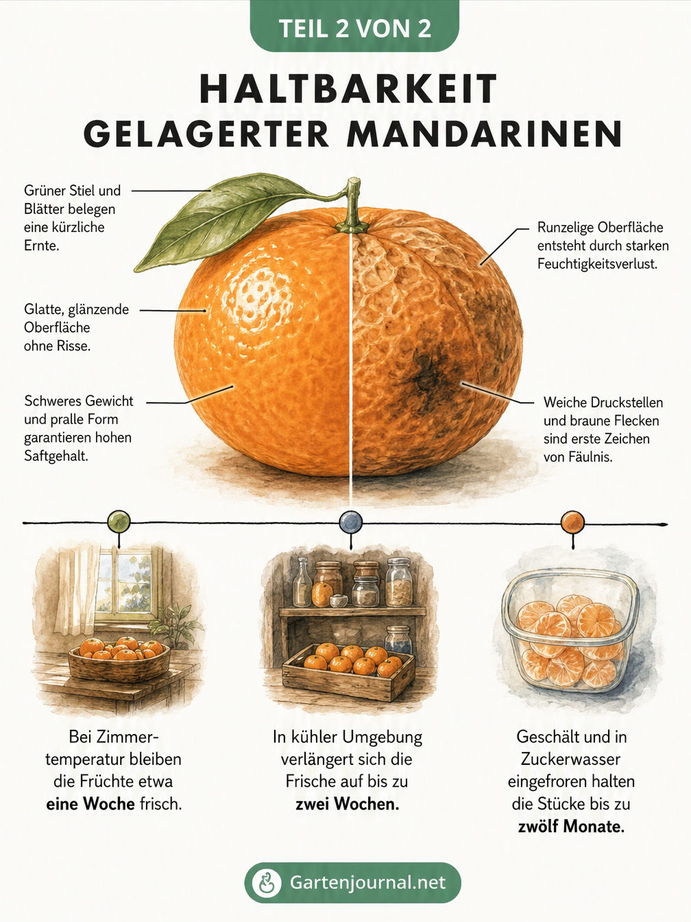 Illustration einer halbierten Mandarine, die links frisch und rechts verderbend dargestellt ist, mit einem Zeitstrahl zur Haltbarkeit.