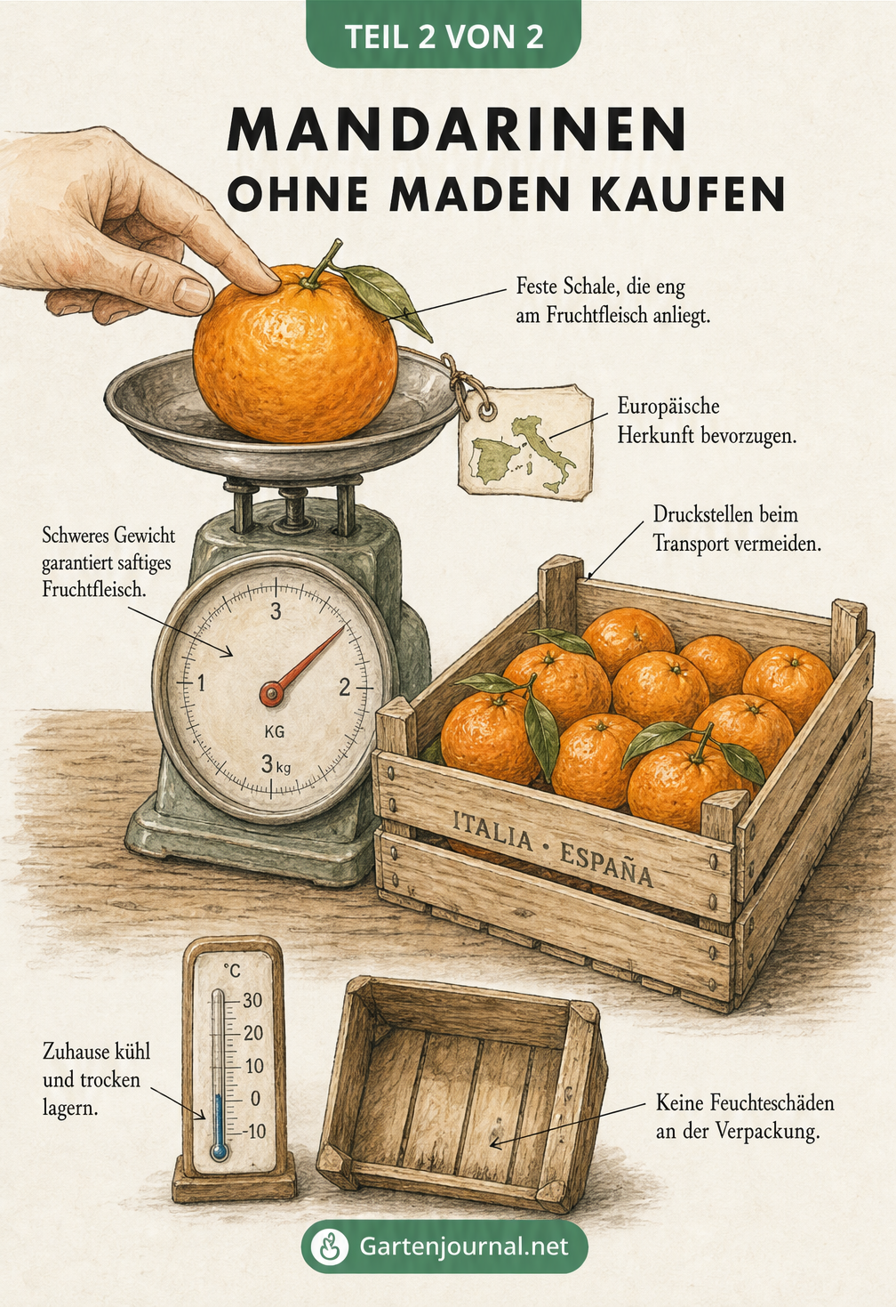 Skizze einer Mandarine auf einer Küchenwaage neben einer Holzsteige mit Tipps zu Gewicht, Herkunft und Lagerung
