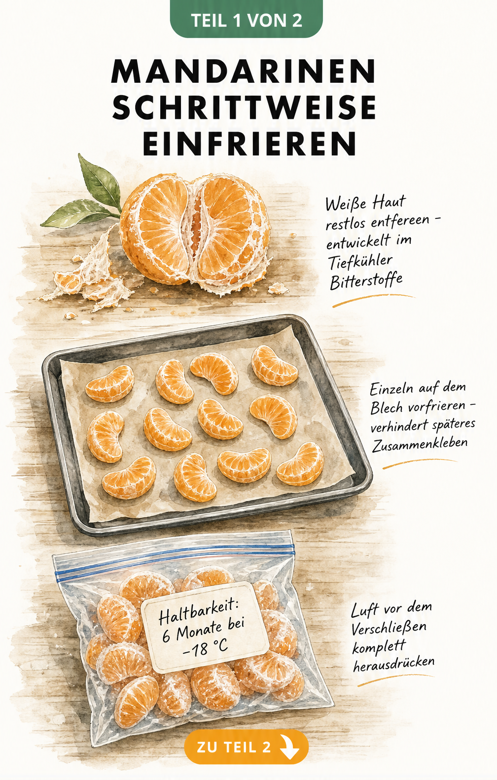 Illustration: Mandarinen schrittweise einfrieren, von der Vorbereitung bis zum Gefrierbeutel