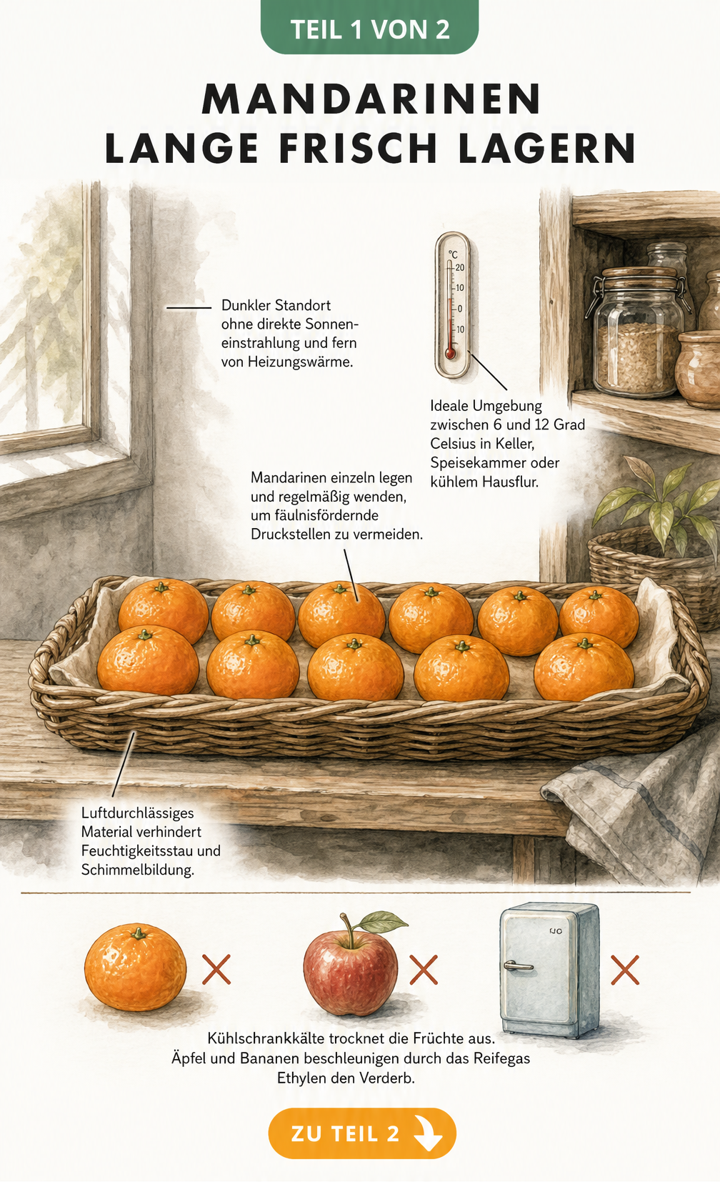 Illustration eines geflochtenen Korbs mit Mandarinen auf einem Holzregal, mit Hinweisen zur optimalen Lagerung bei 6 bis 12 Grad.