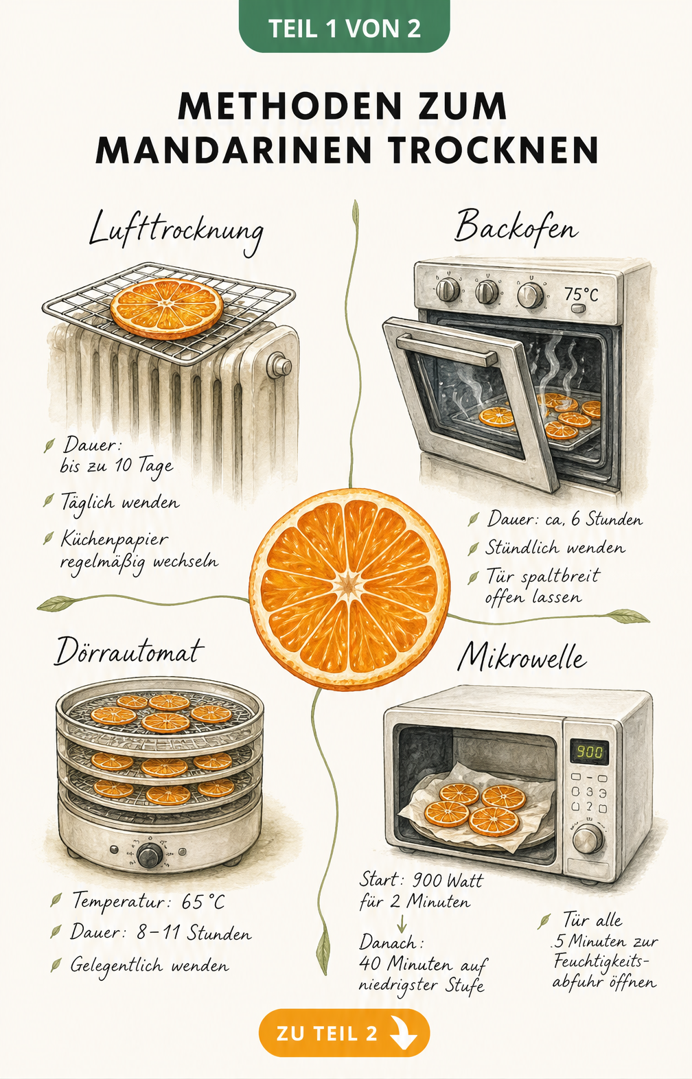 Aquarell-Illustration von vier Methoden zum Trocknen von Mandarinen: Lufttrocknung, Backofen, Dörrautomat und Mikrowelle