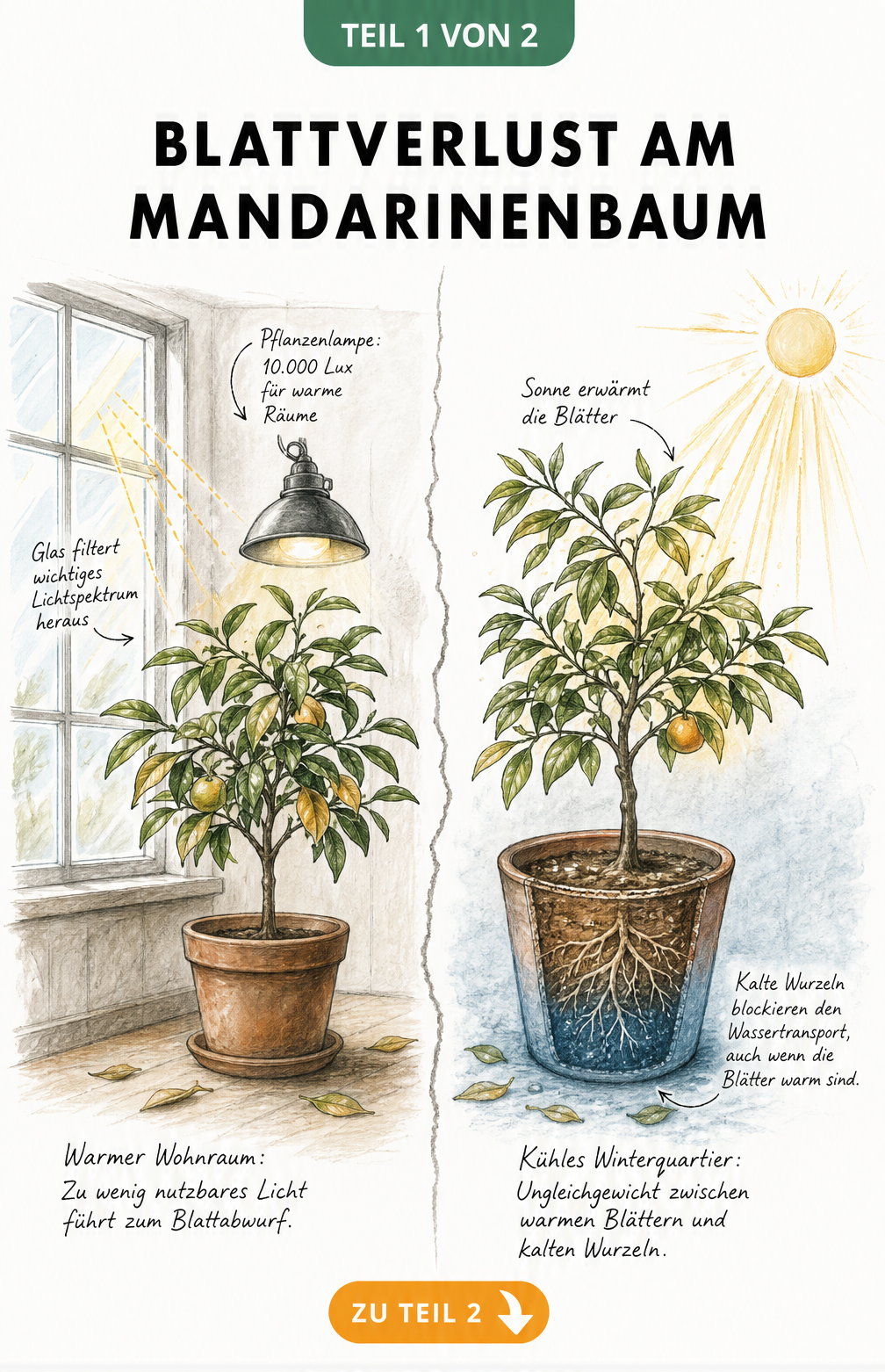 Illustration zweier Überwinterungsszenarien für Mandarinenbäume: warmer Wohnraum mit Pflanzenlampe und kühles Winterquartier