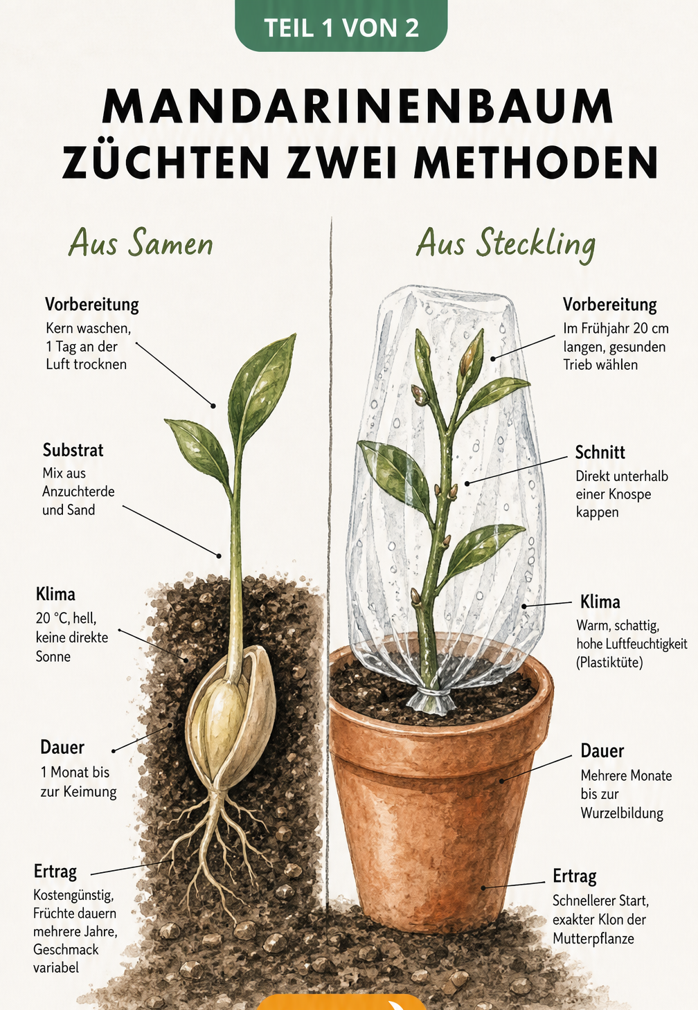 Illustration zweier Methoden zur Vermehrung eines Mandarinenbaums: links aus einem Samen, rechts aus einem Steckling.