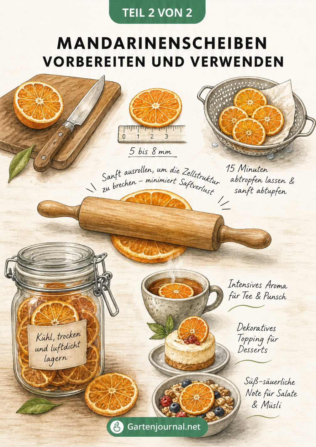 Illustration zur Vorbereitung von Mandarinenscheiben und deren Verwendung in Tee, Desserts und Müsli