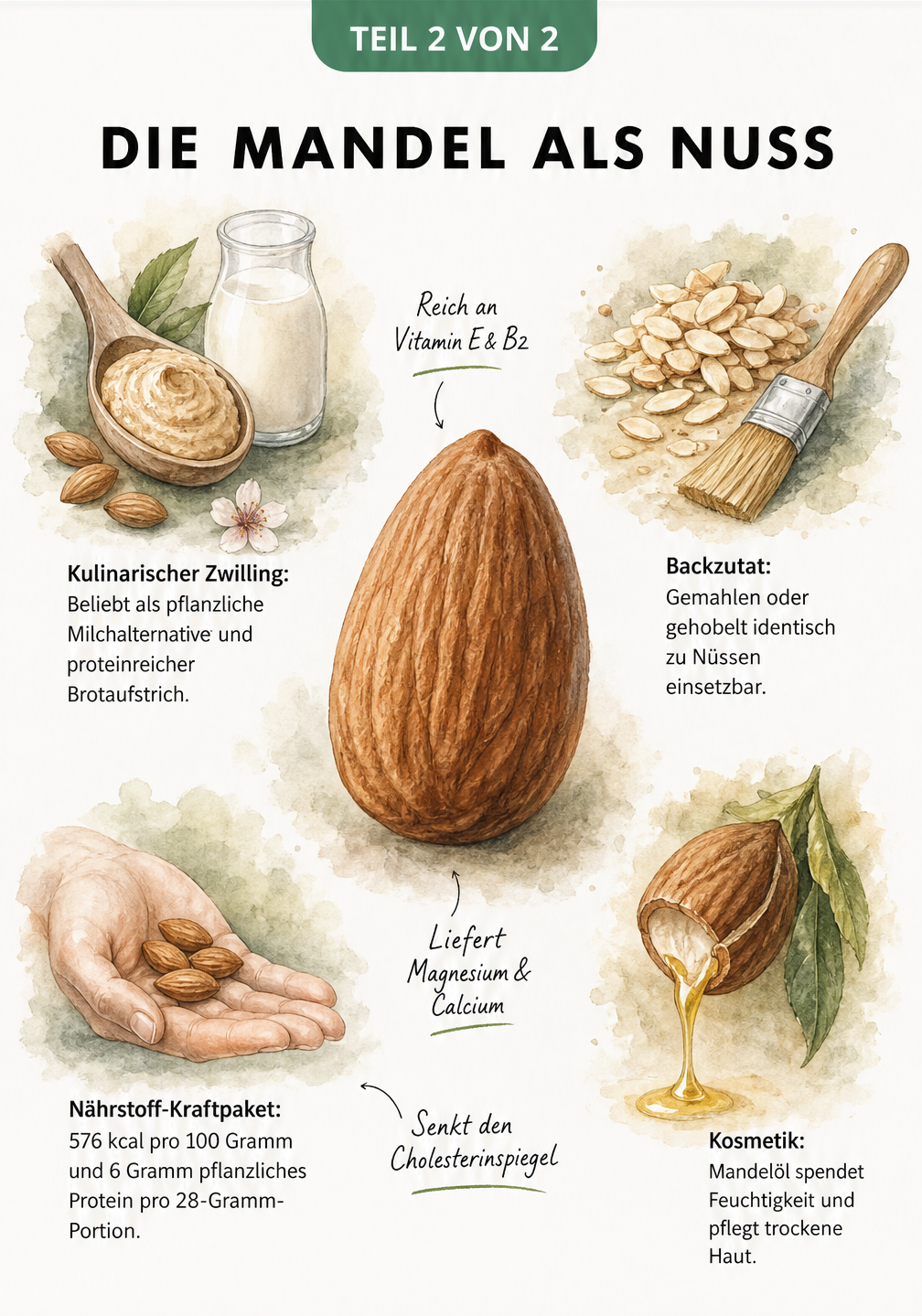Illustration eines Mandelkerns mit Beispielen zur Verwendung als Mandelmilch, Backzutat und Mandelöl
