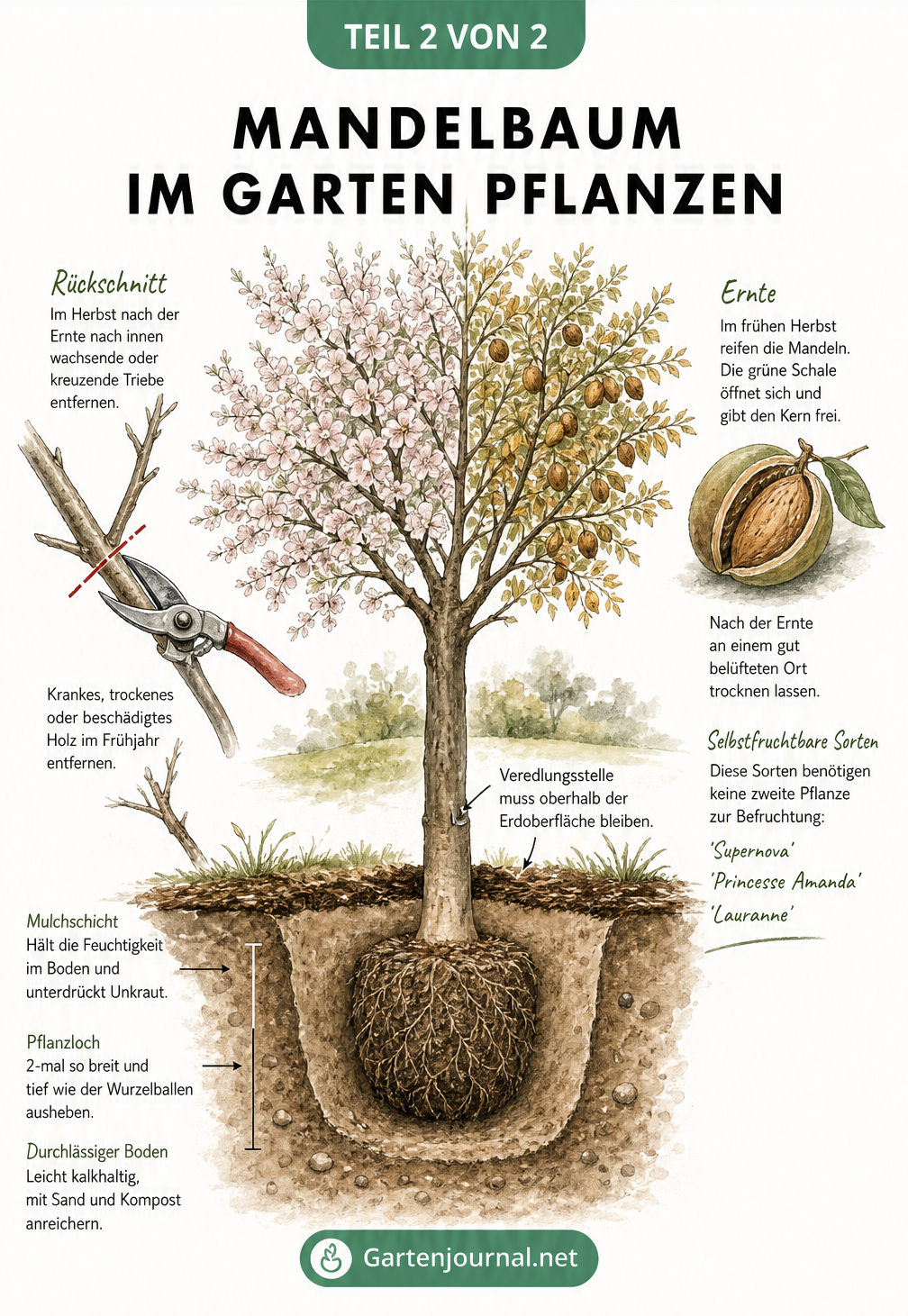 Illustration eines Mandelbaums im Garten mit Pflanzloch, Veredlungsstelle und Schnittanleitung