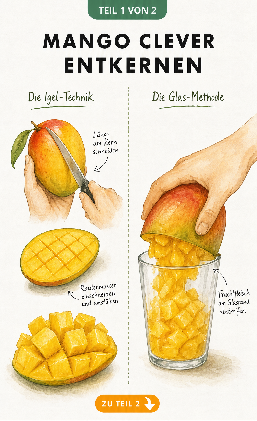 Illustration der Igel-Technik und Glas-Methode zum Entkernen einer Mango
