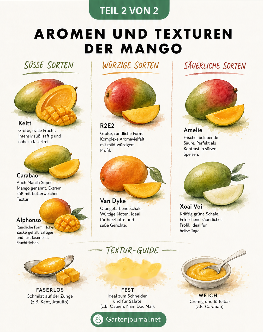 Übersicht der Aromen und Texturen von Mangos, unterteilt in süße, würzige und säuerliche Sorten