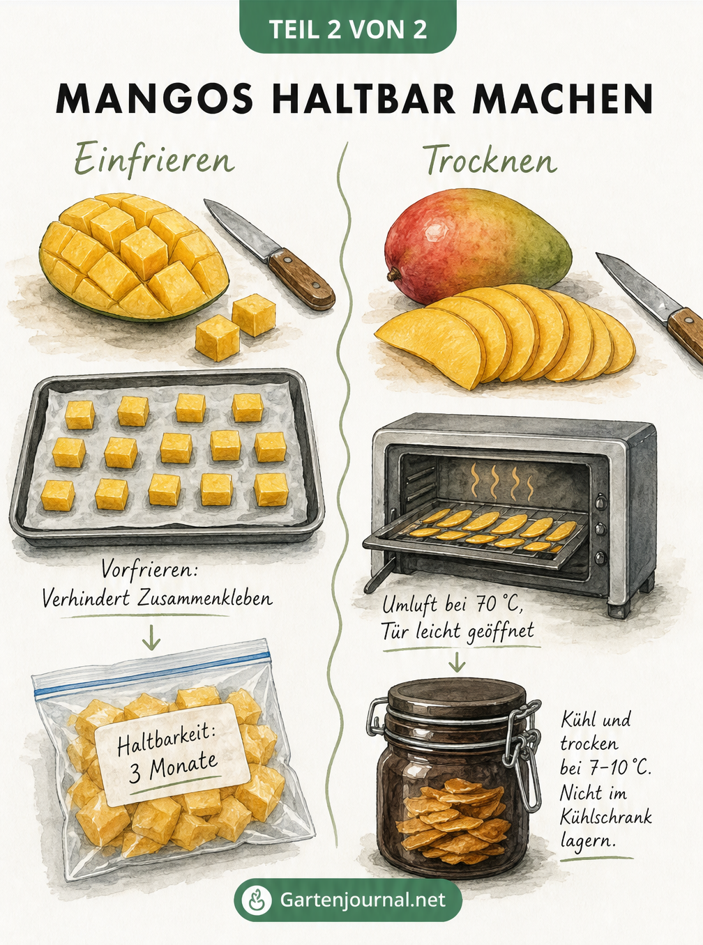 Illustration, die zwei Methoden zeigt, um Mangos haltbar zu machen: Einfrieren von Mangowürfeln und Trocknen von Mangoscheiben im Backofen.