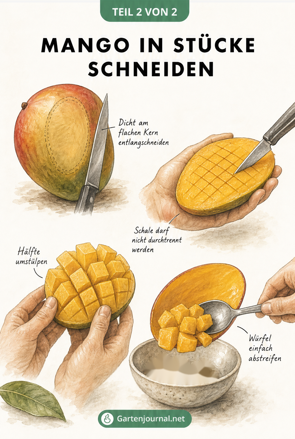 Illustration der Mango-Igel-Methode in vier Schritten: am Kern entlangschneiden, Gittermuster einritzen, umstülpen und Würfel abstreifen