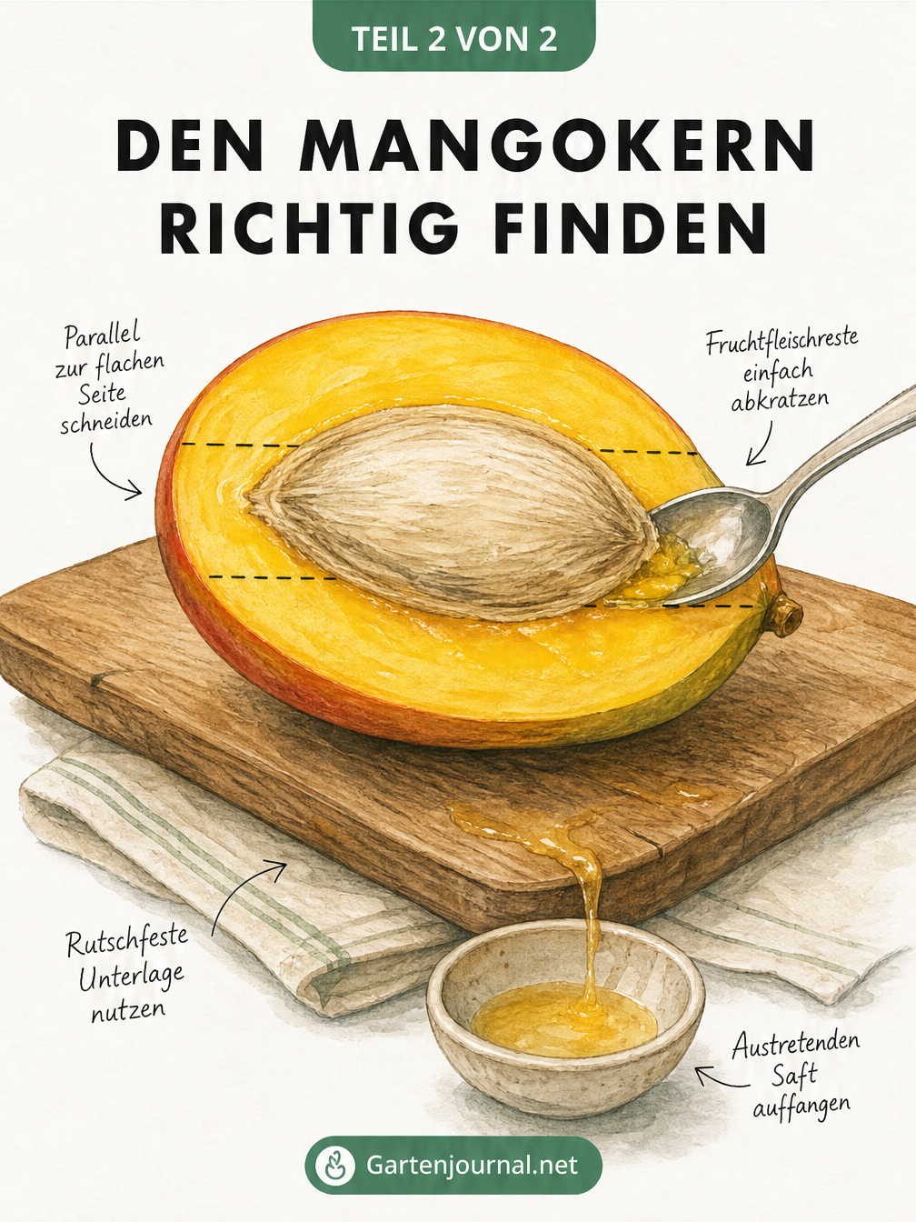 Querschnitt einer Mango mit eingezeichnetem Kern und Schnittlinien
