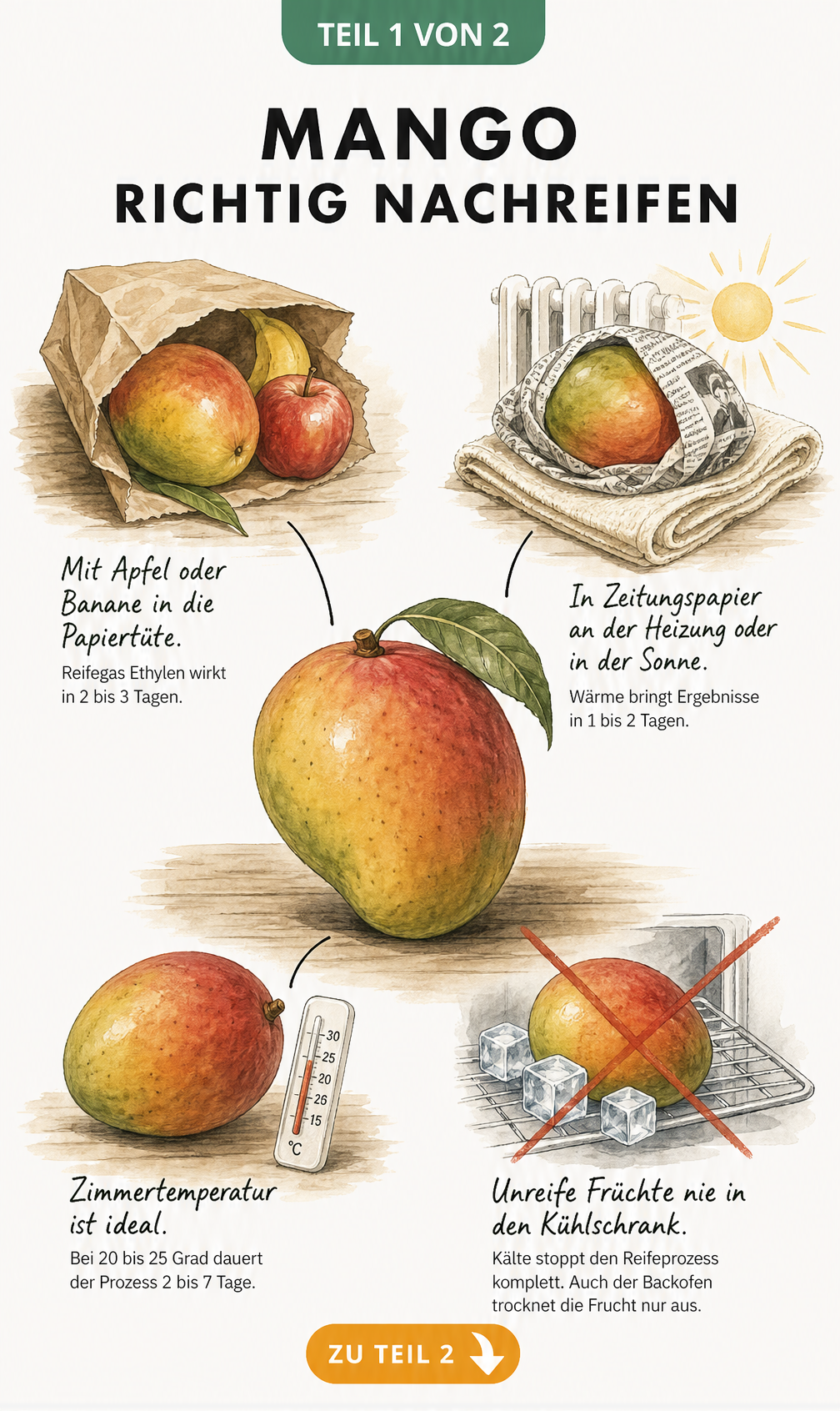 Illustration einer Mango mit vier verschiedenen Methoden zum Nachreifen: Papiertüte, Wärme, Zimmertemperatur und Warnung vor Kälte.