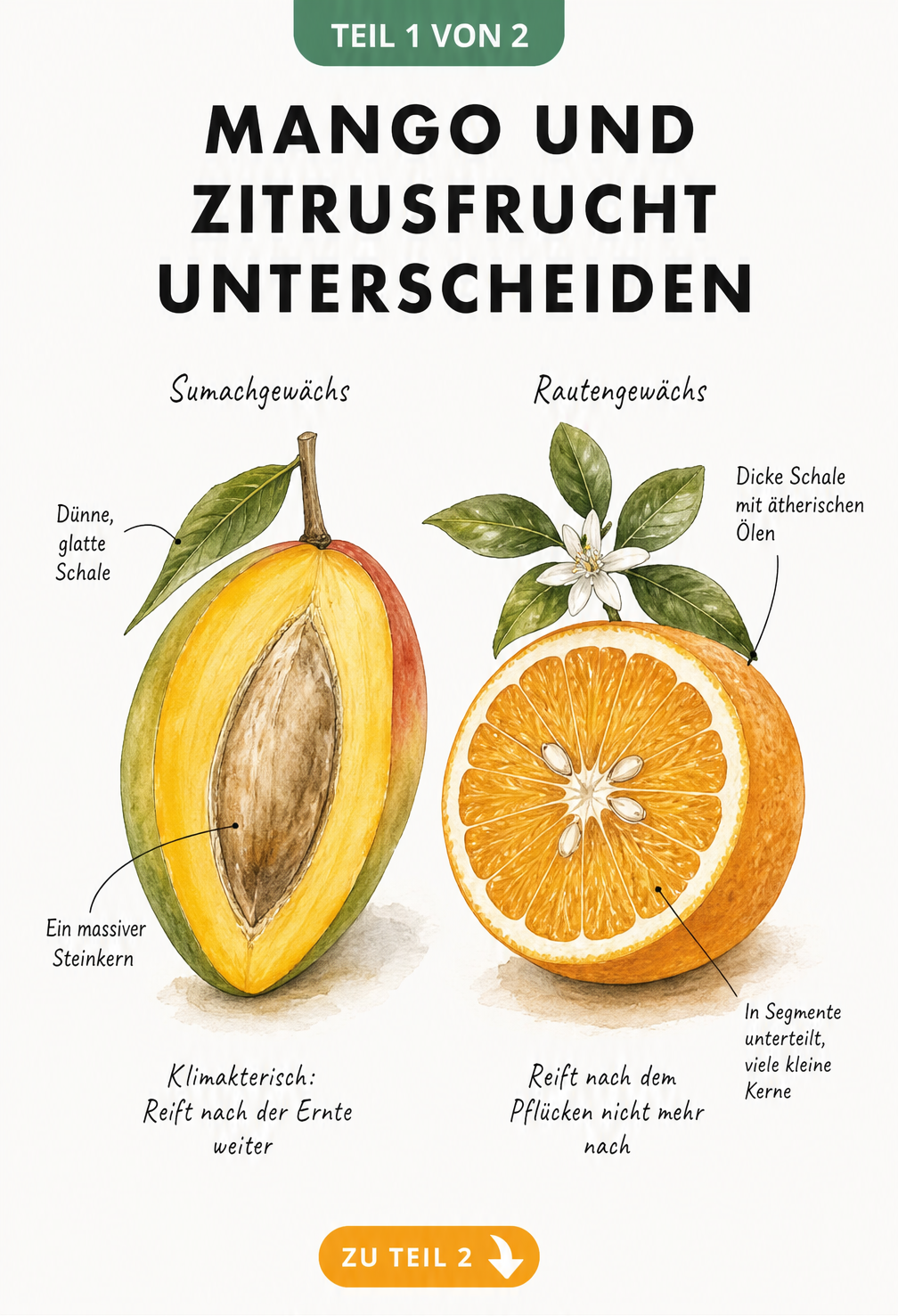 Botanische Illustration einer halbierten Mango und Orange im Vergleich