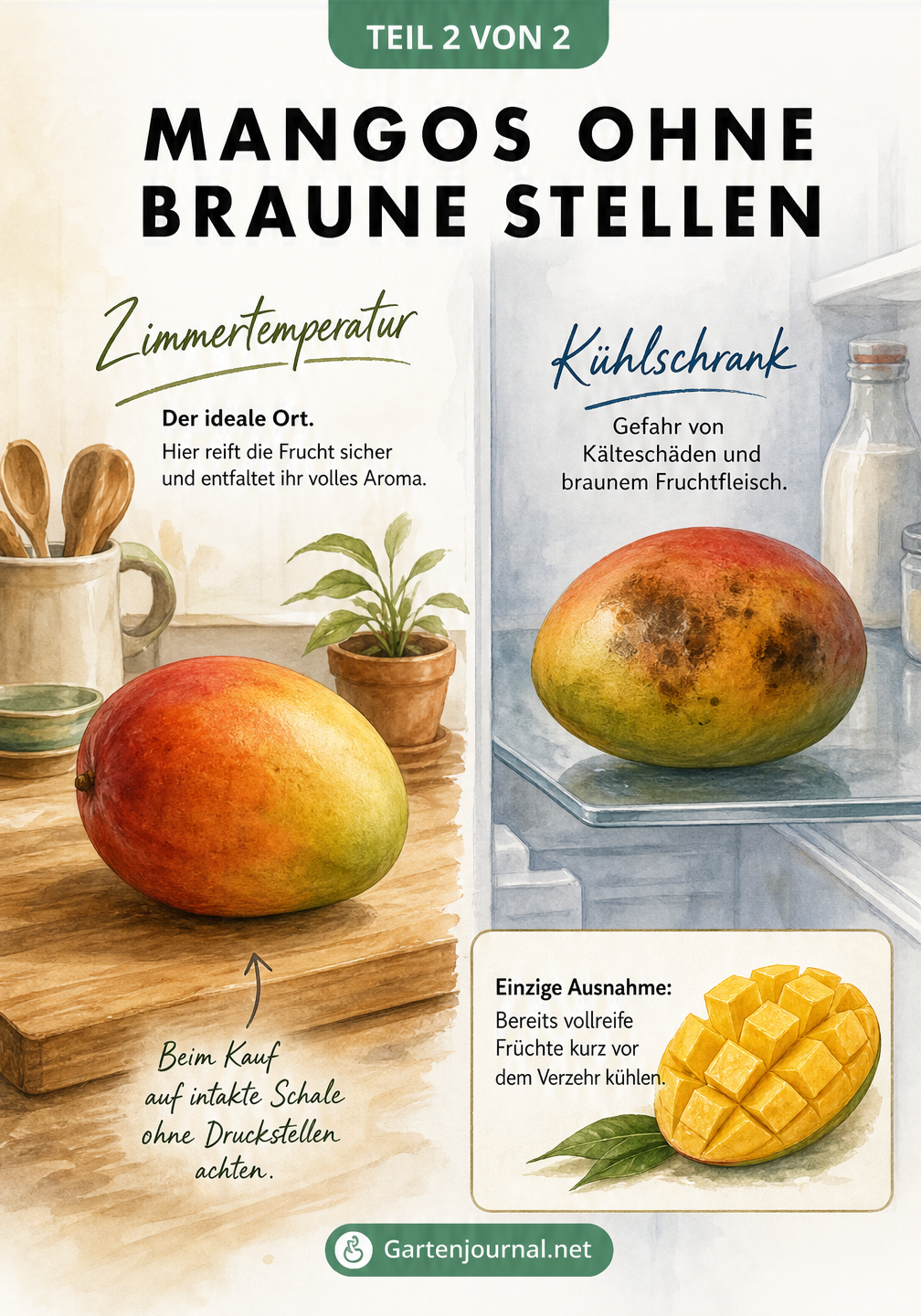 Illustration zur richtigen Lagerung von Mangos: Eine makellose Mango bei Zimmertemperatur im Vergleich zu einer Mango mit Kälteschäden im Kühlschrank.