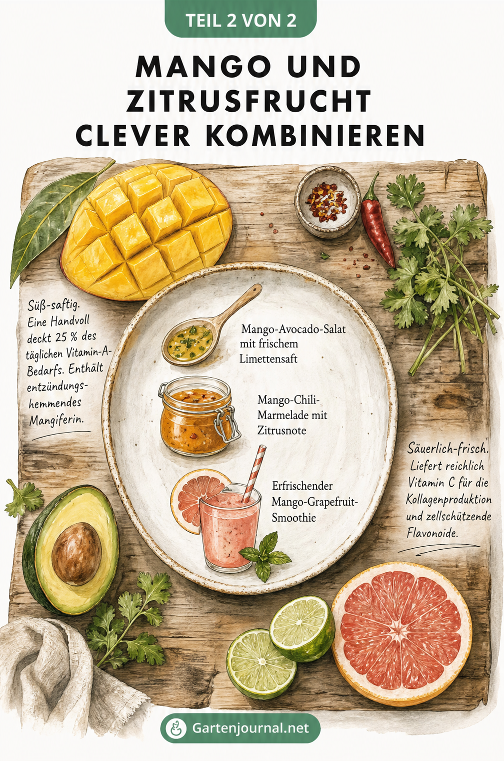 Illustration einer Holzfläche mit Mango, Limetten, Grapefruit und Rezeptskizzen