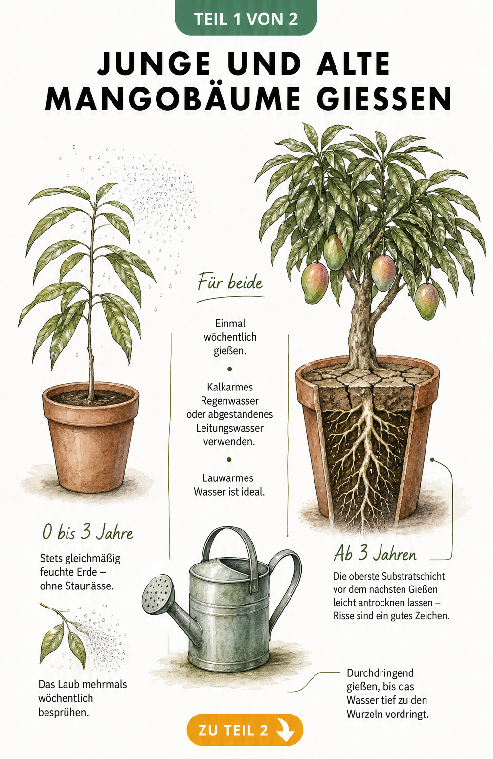 Illustration eines jungen und eines alten Mangobaums im Topf mit Hinweisen zum Gießen und Besprühen
