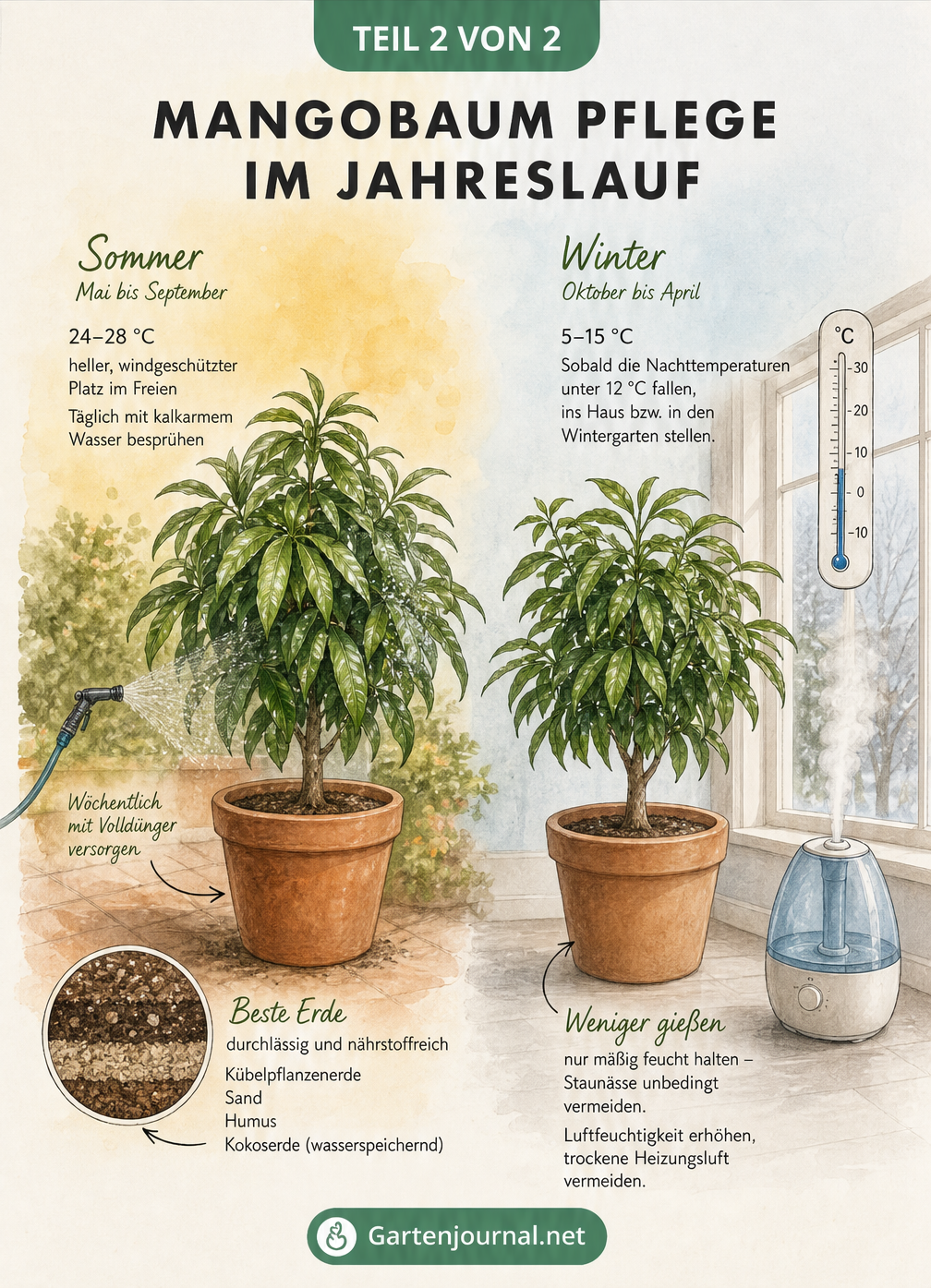 Illustration: Pflege eines Mangobaums im Jahreslauf, mit Sommerstandort auf der Terrasse und Winterstandort im Haus.