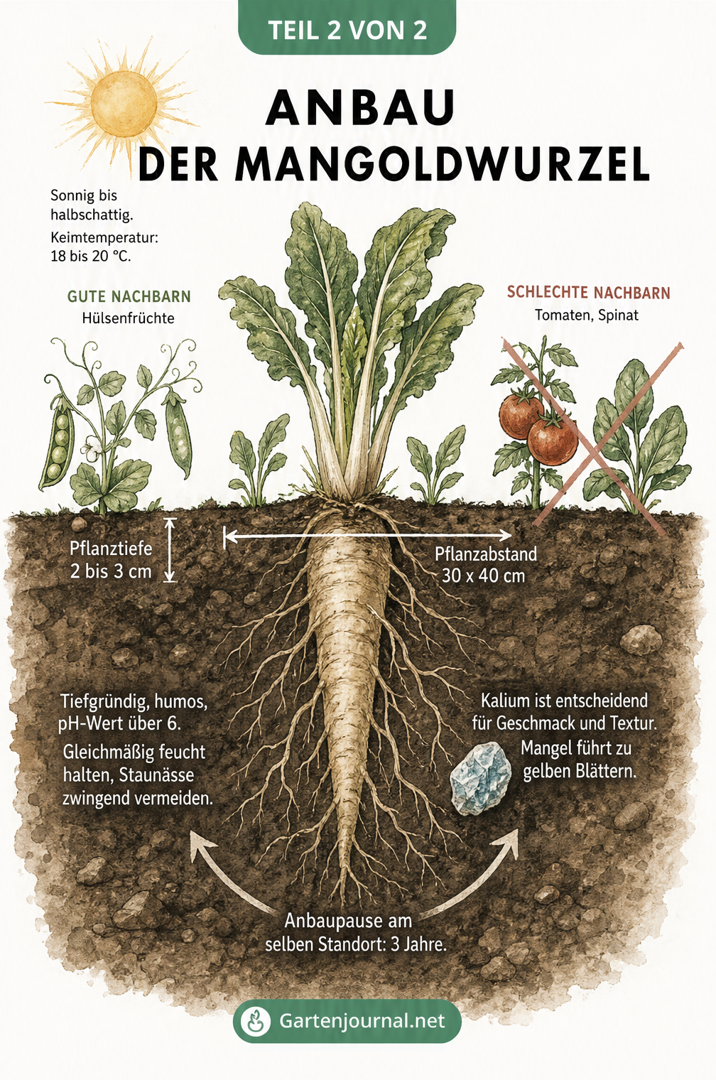 Querschnitt eines Gartenbeets mit Mangoldwurzel, Pflanzabständen, guten Nachbarn und Bodenansprüchen