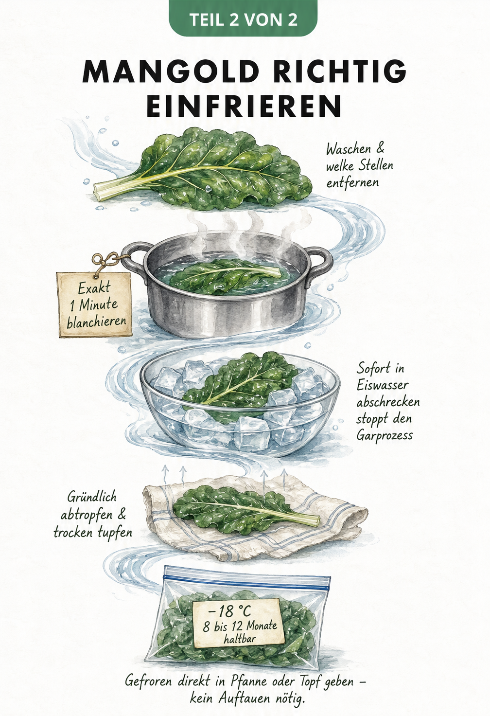 Illustration des Einfrierprozesses von Mangold: Waschen, Blanchieren, Abschrecken in Eiswasser, Abtropfen und Einfrieren im Gefrierbeutel.