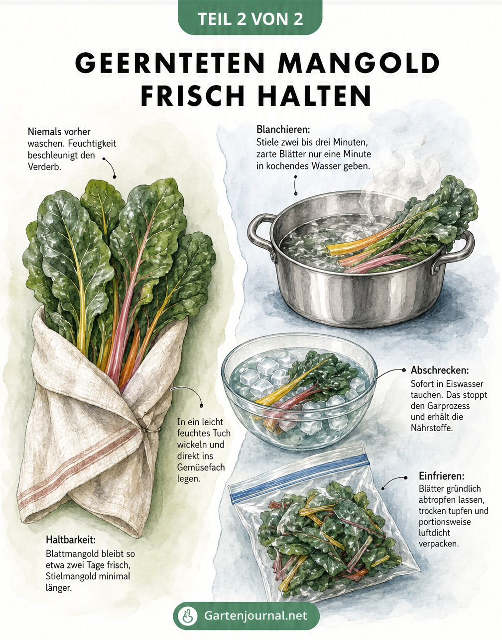 Illustration zur Lagerung von Mangold im Kühlschrank und zum Einfrieren nach dem Blanchieren.