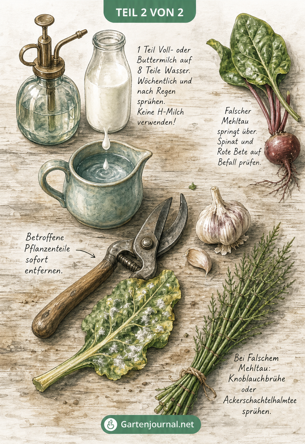 Zeichnung eines Pflanztisches mit Gartenschere, krankem Mangoldblatt, Sprühflasche, Milch, Knoblauch und Ackerschachtelhalm.