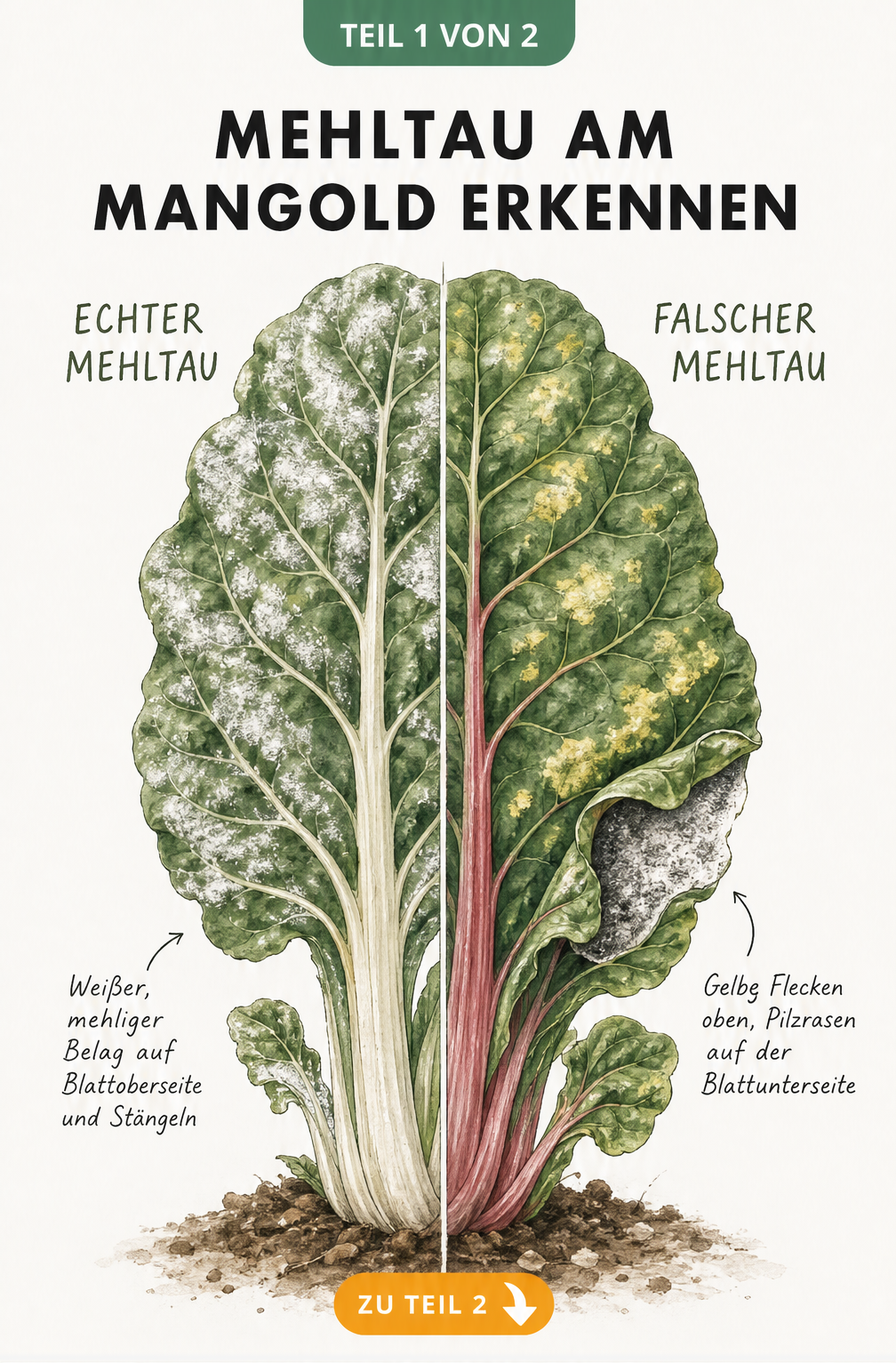 Illustration einer Mangoldpflanze, die links echten Mehltau mit weißem Belag und rechts falschen Mehltau mit gelben Flecken zeigt.