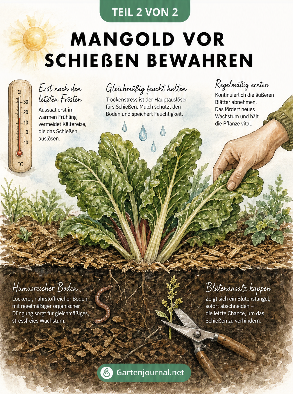 Querschnitt durch ein Gartenbeet mit einer flach wachsenden Mangoldpflanze, humusreichem Boden, Mulchschicht und Erntetechnik