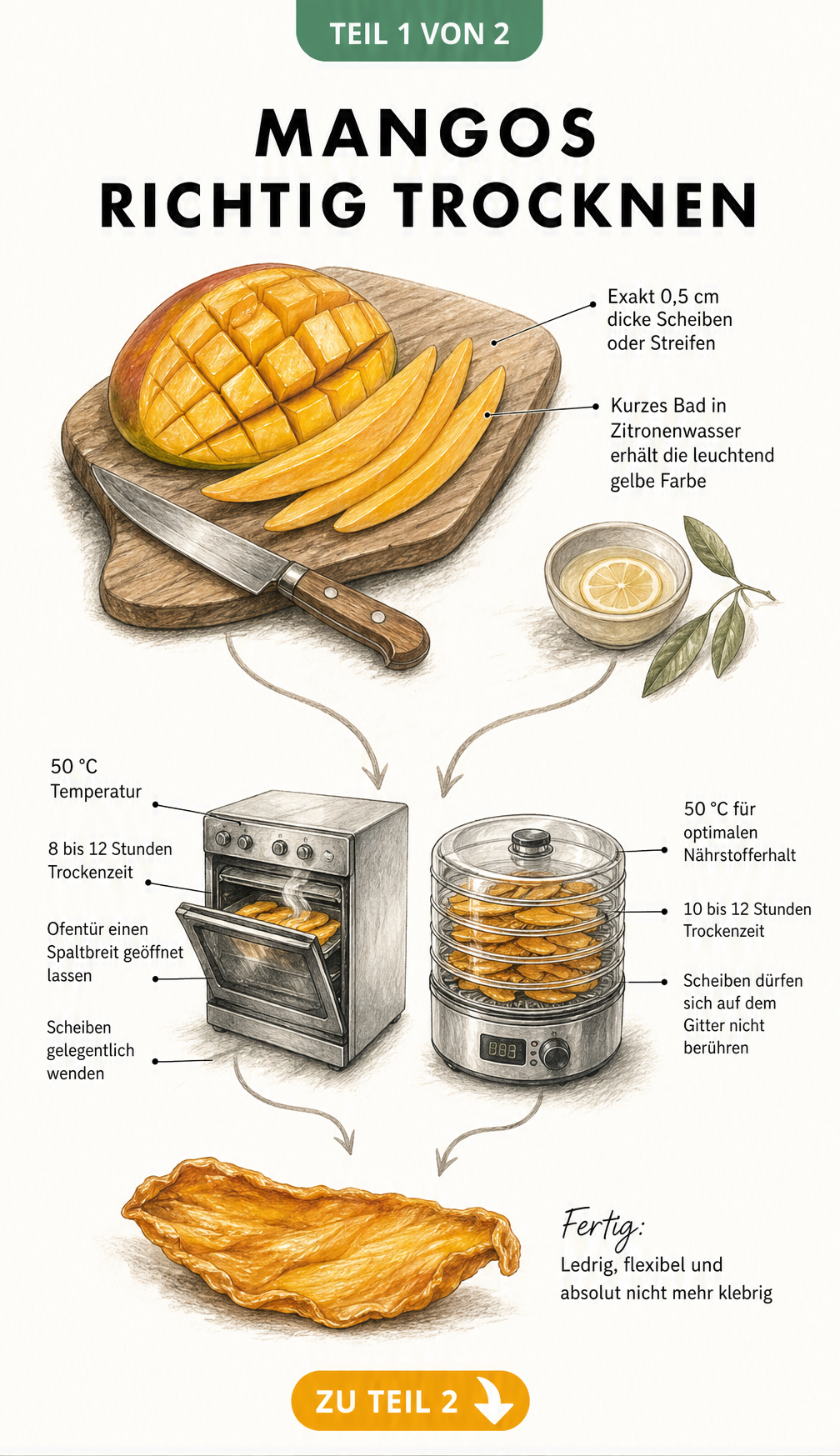 Illustration einer frischen Mango auf einem Holzbrett mit zwei Pfaden, die das Trocknen im Backofen und im Dörrautomaten zeigen.