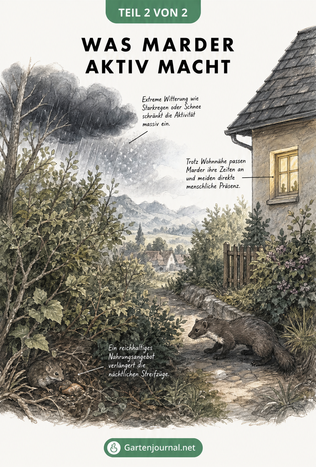 Illustration der Einflussfaktoren auf die Marderaktivität wie Wetter und Nahrungsangebot