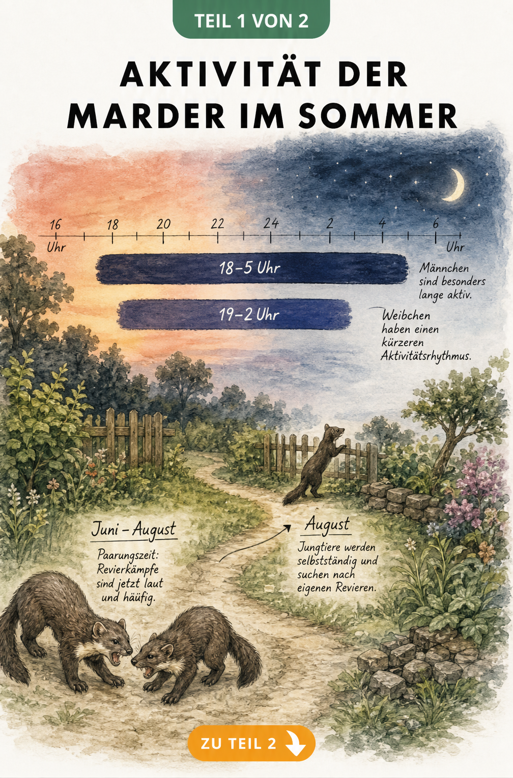 Illustration der Marderaktivität im Sommer mit Zeitleiste für Männchen und Weibchen sowie Paarungszeit und Revierkämpfen