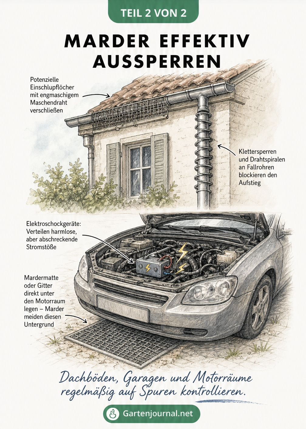 Skizze zur Marderabwehr am Haus und Auto mit Drahtspiralen, Maschendraht und Elektroschockgeräten