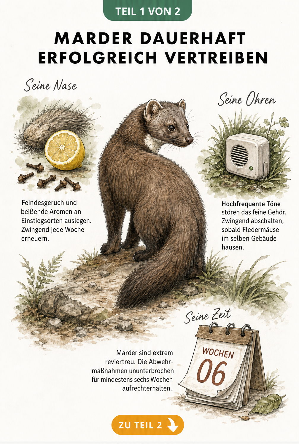 Illustration eines Steinmarders mit Abwehrmethoden wie Hundehaaren, Zitrone und Ultraschallgerät